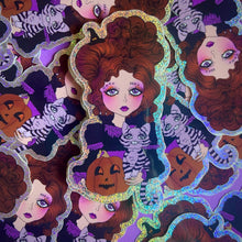 Load image into Gallery viewer, Cute Big Eyed Halloween Witch Sticker with Jack o lantern and purple cat.