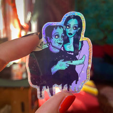Load image into Gallery viewer, Big Eyed Lily Munster and Herman Munster Rainbow Glitter Water Bottle Sticker