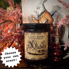 Load image into Gallery viewer, Alice in Wonderland “Very Merry Unbirthday” 8oz Soy Candle