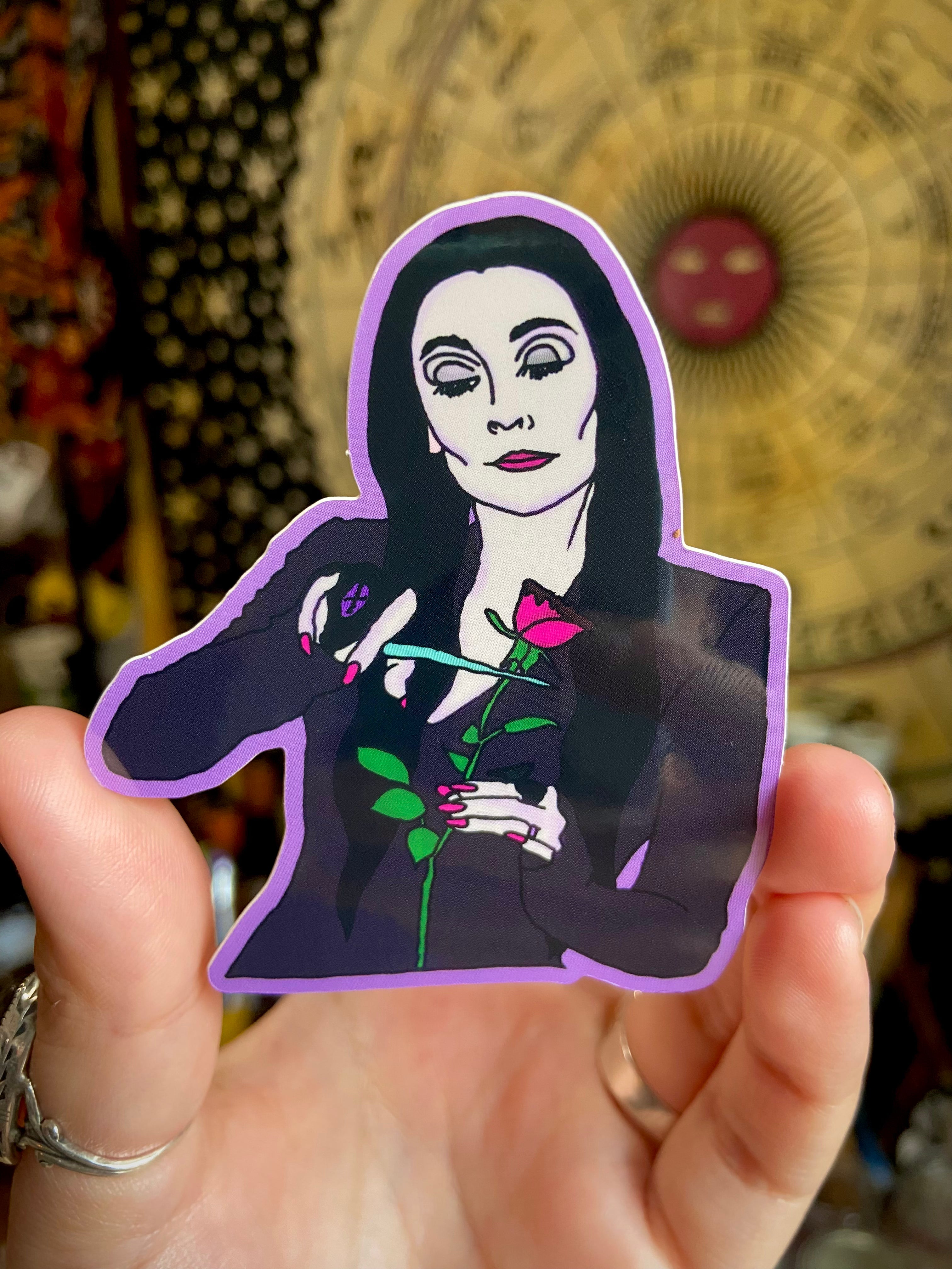 Morticia Loves Roses Water Bottle Sticker