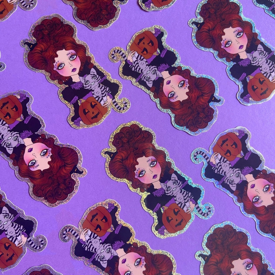 Cute Big Eyed Halloween Witch Sticker with Jack o lantern and purple cat.