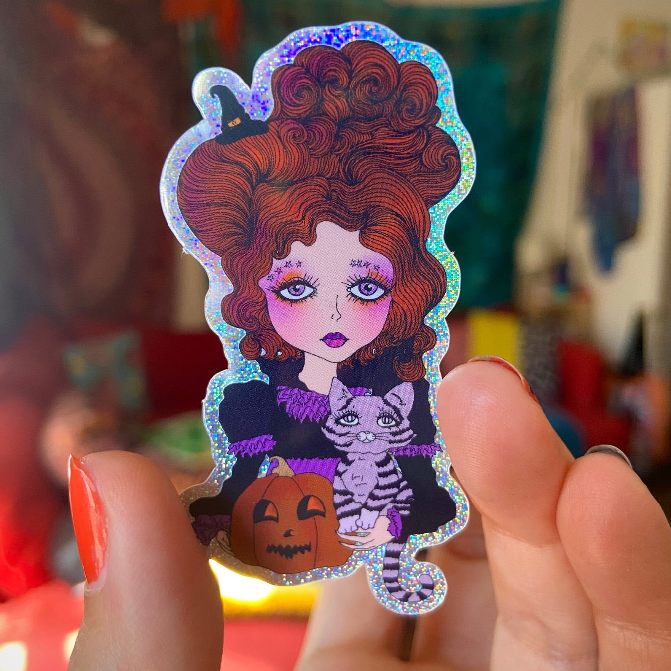 Cute Big Eyed Halloween Witch Sticker with Jack o lantern and purple cat.