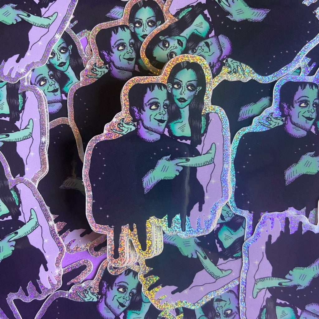 Big Eyed Lily Munster and Herman Munster Rainbow Glitter Water Bottle Sticker