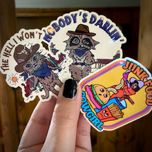 Load image into Gallery viewer, Cowboy Raccoon &quot;Nobody&#39;s Darlin&#39;&quot; Water Bottle Sticker
