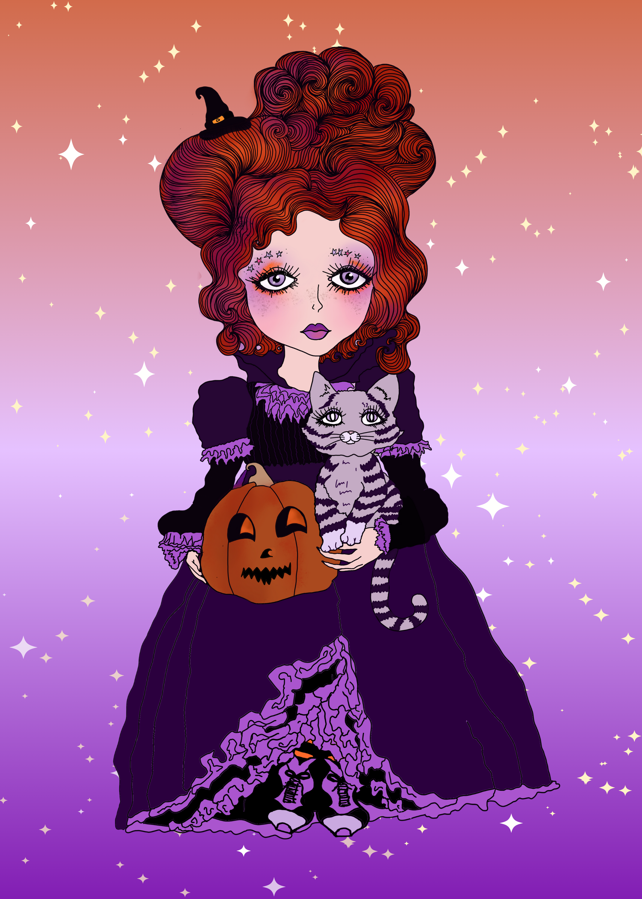 Cute Big Eyed Halloween Witch Sticker with Jack o lantern and purple cat.