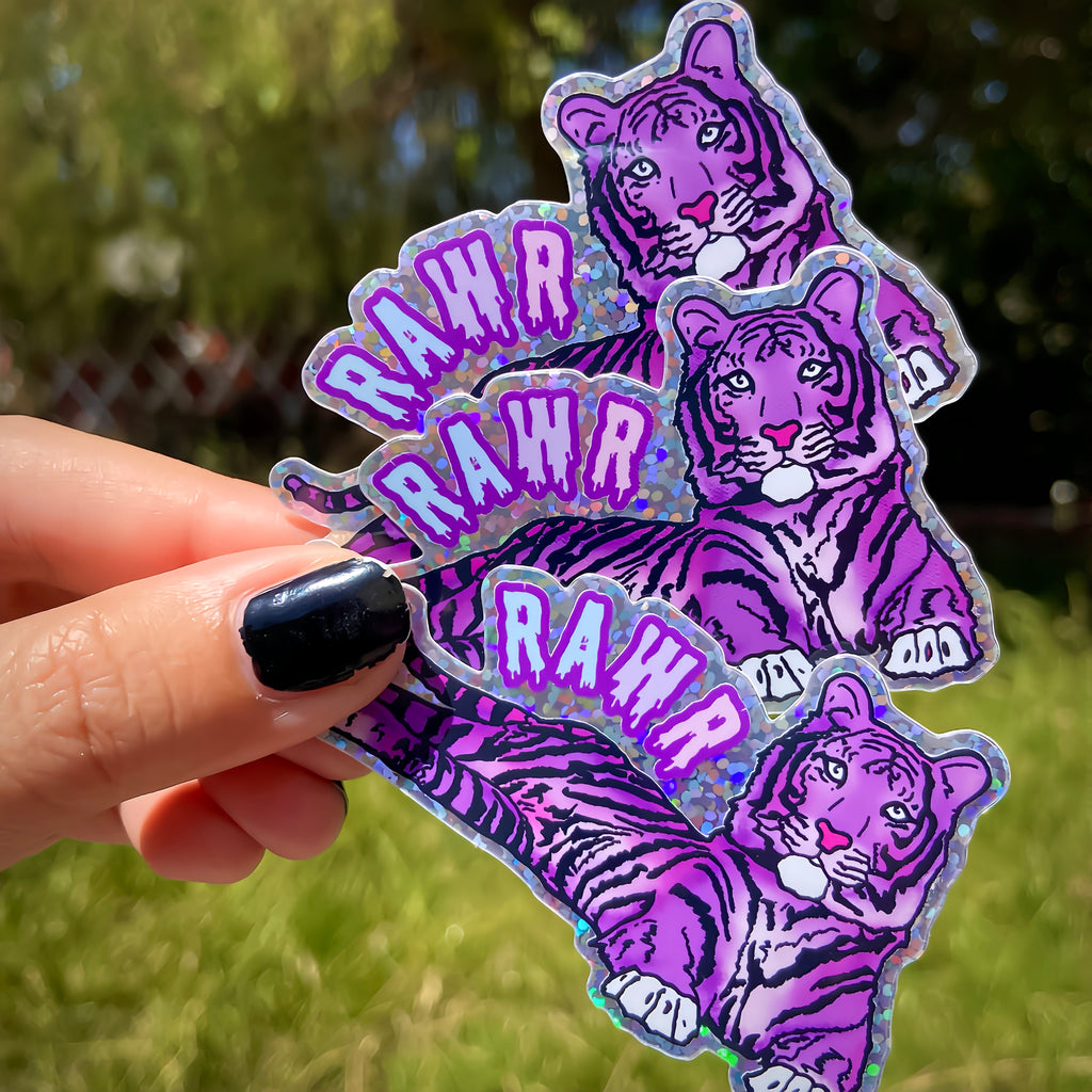 Purple Glitter Tiger Water Bottle Sticker