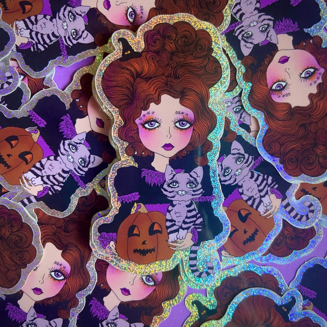 Cute Big Eyed Halloween Witch Sticker with Jack o lantern and purple cat.