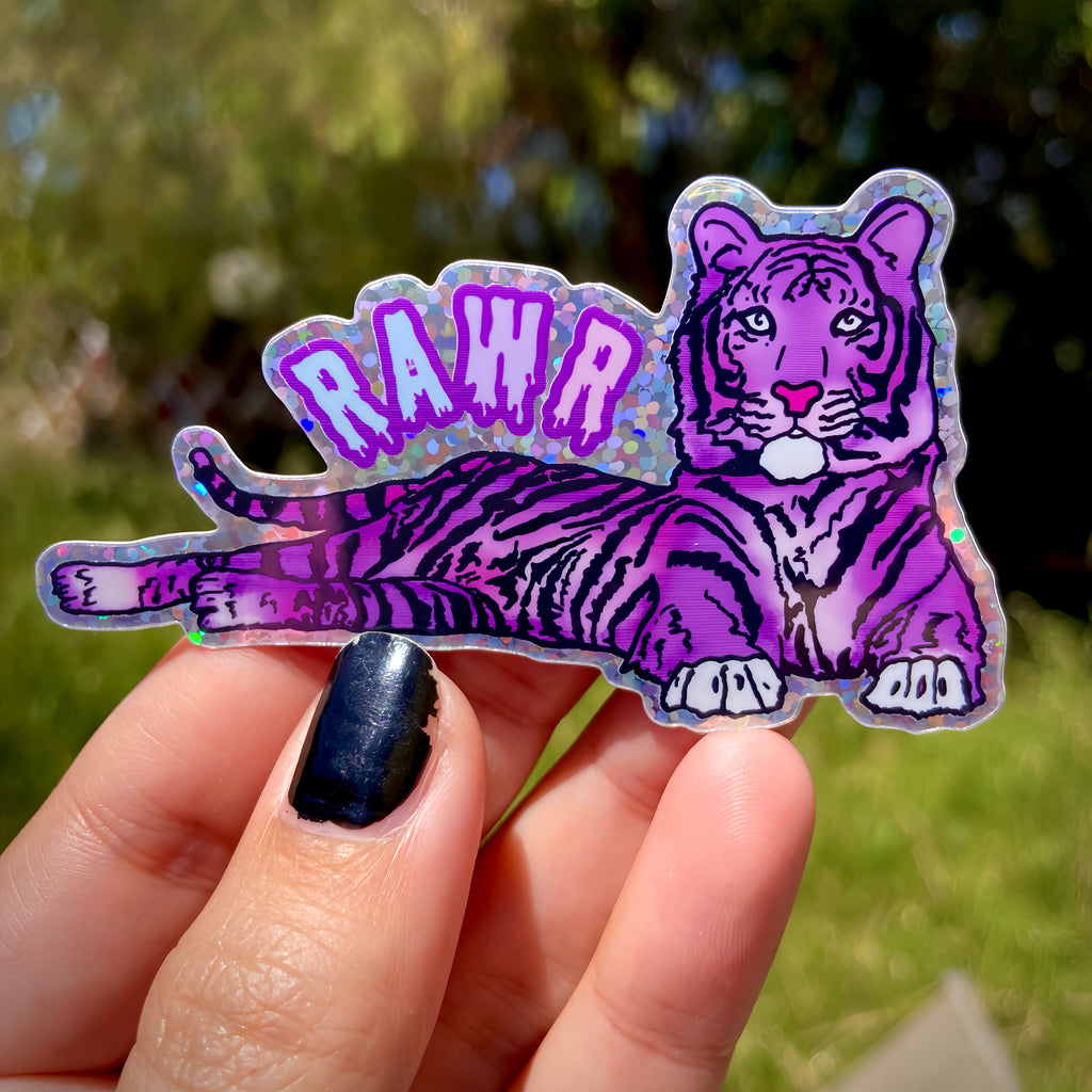 Purple Glitter Tiger Water Bottle Sticker