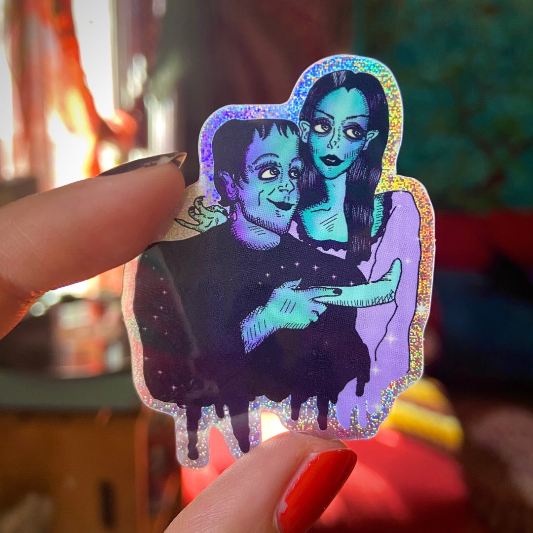Big Eyed Lily Munster and Herman Munster Rainbow Glitter Water Bottle Sticker