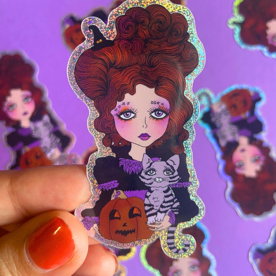 Cute Big Eyed Halloween Witch Sticker with Jack o lantern and purple cat.