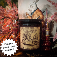 Load image into Gallery viewer, Alice in Wonderland “Very Merry Unbirthday” 8oz Soy Candle
