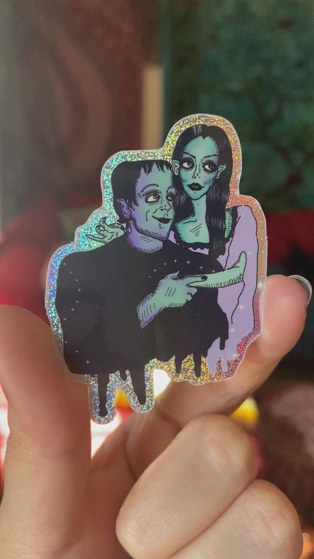 Big Eyed Lily Munster and Herman Munster Rainbow Glitter Water Bottle Sticker
