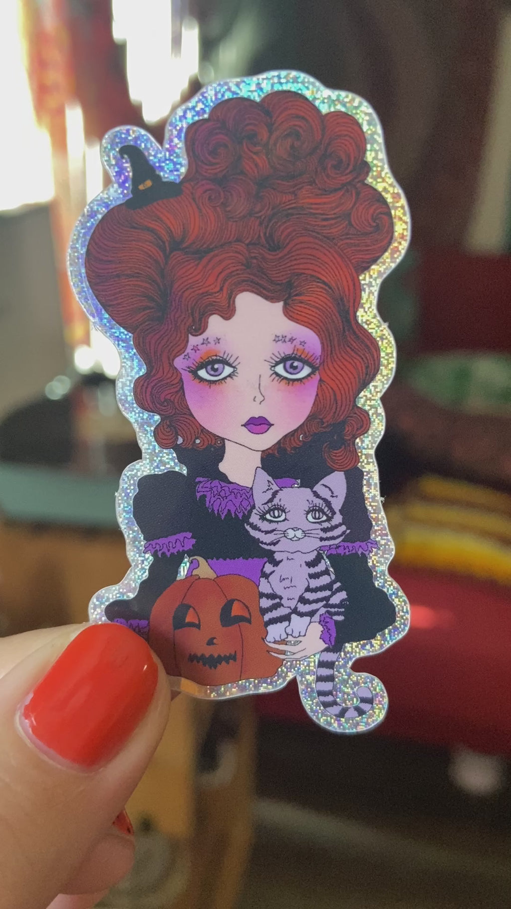 Cute Big Eyed Halloween Witch Sticker with Jack o lantern and purple cat.