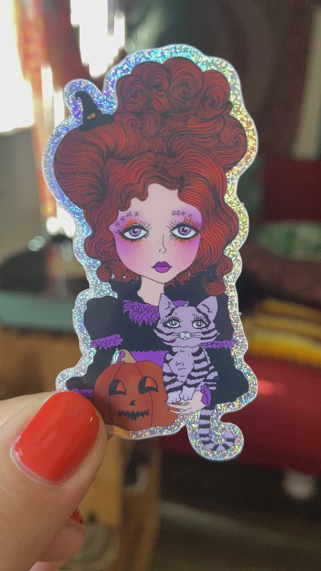 Cute Big Eyed Halloween Witch Sticker with Jack o lantern and purple cat.