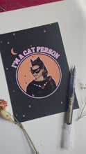 Load and play video in Gallery viewer, Eartha Kitt “I’m a Cat Person” Cat Woman Blank Note Card Set (4 Pack) or Single Card
