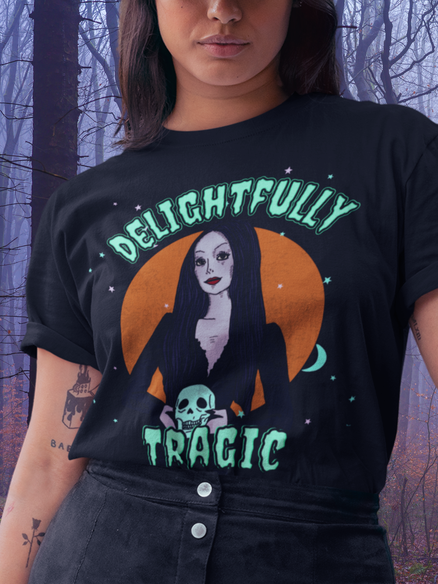"Delightfully Tragic"  Morticia Vintage Tee