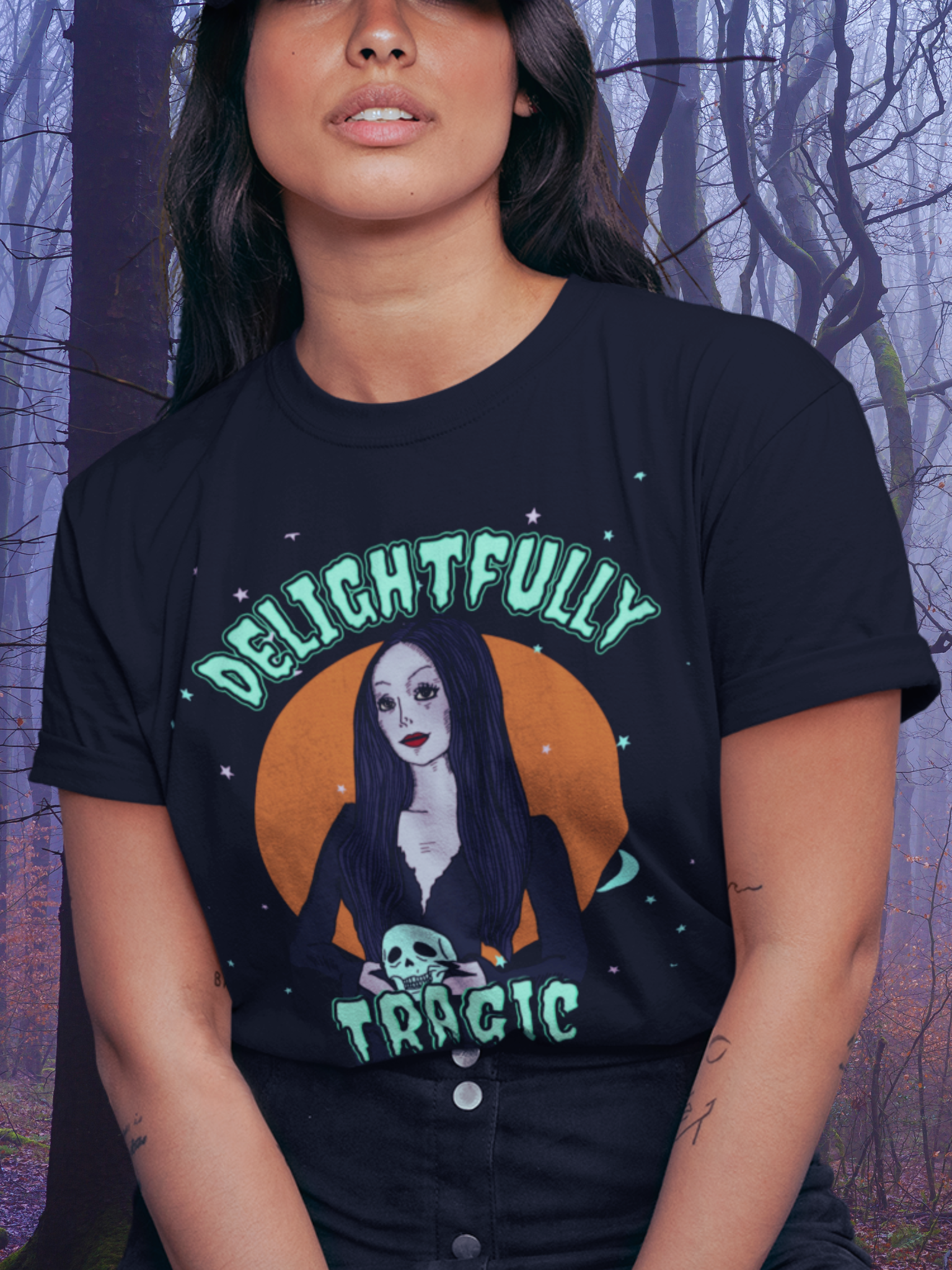 "Delightfully Tragic"  Morticia Vintage Tee