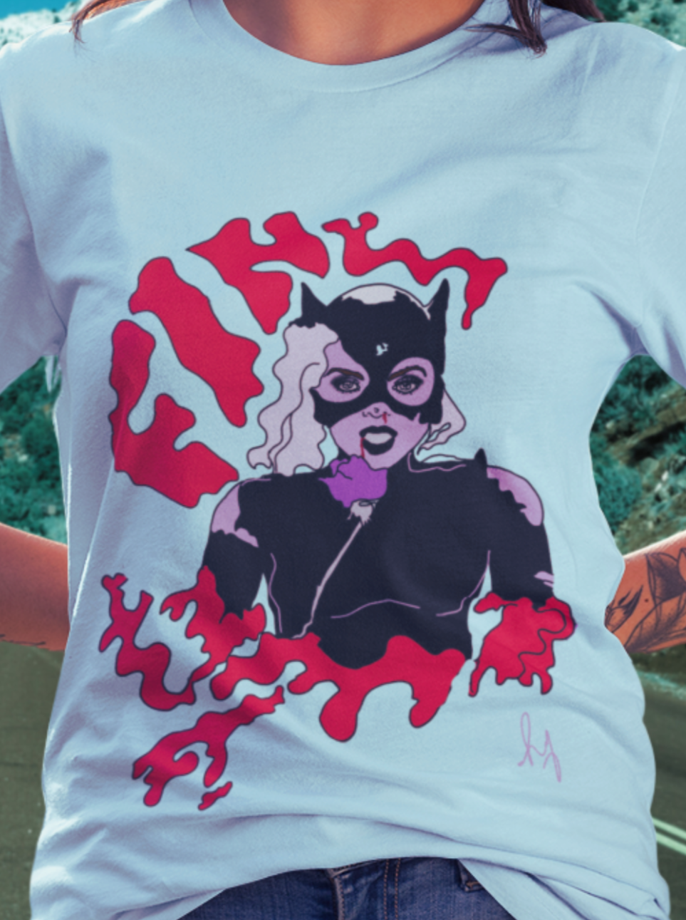 Death of and Icon Catwoman Vintage Style Unisex Tee (Light Blue)