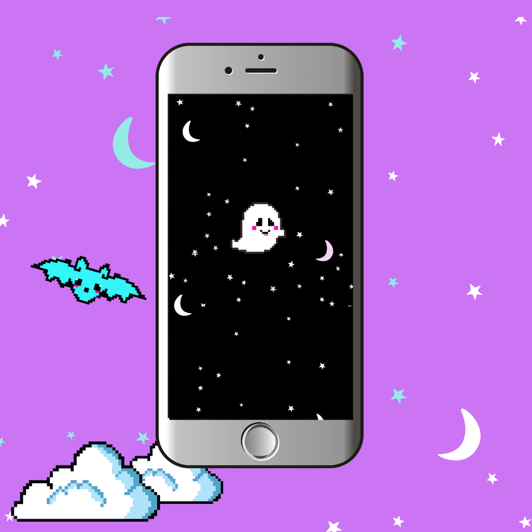 Grinning Ghostie Moon and Stars Wallpaper